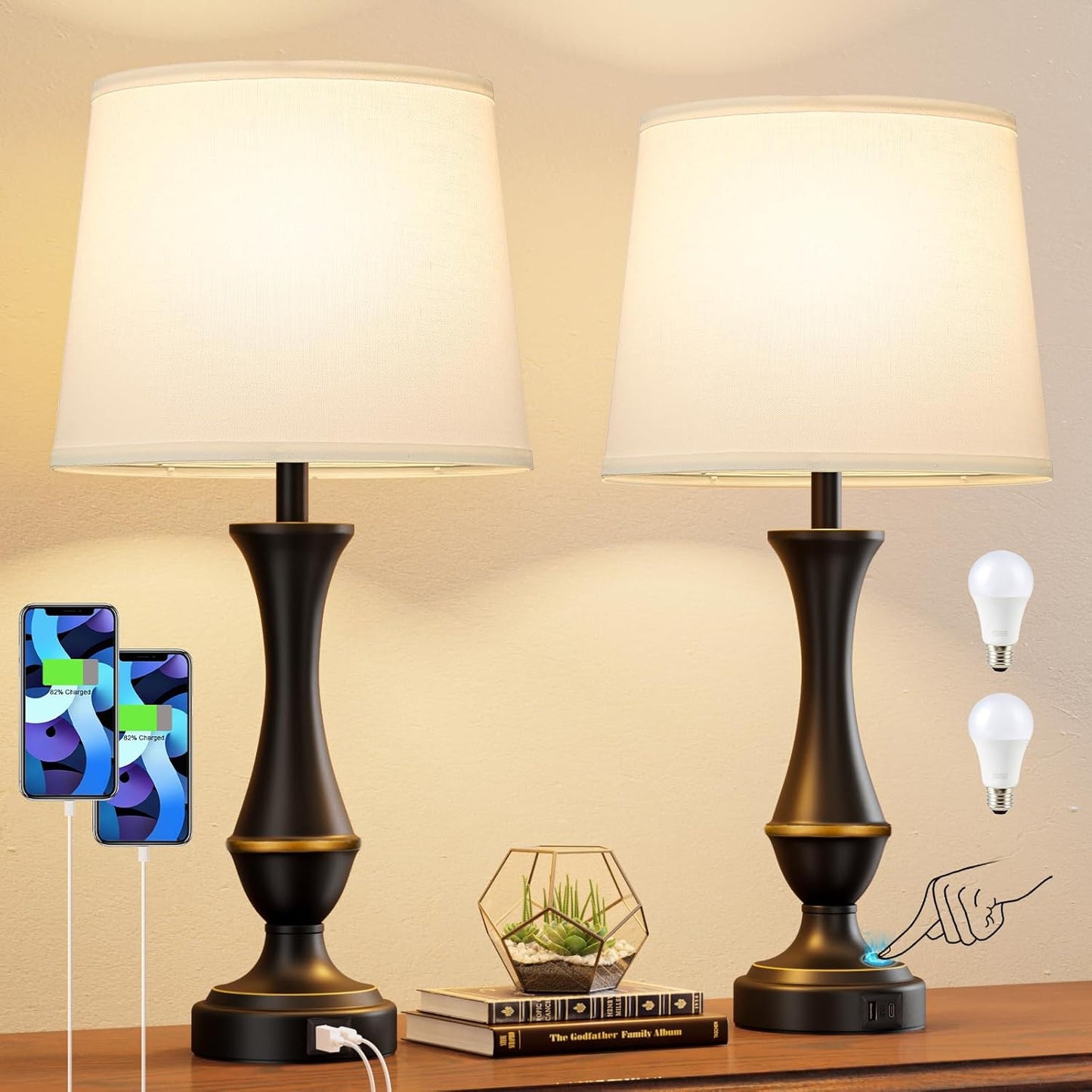 Seealle Upgraded Touch Lamps for Night Stands Set of 2 - Bedside Lamps with USB C+A, 3 Way Dimmable for Bedroom Living Room End Tables Office