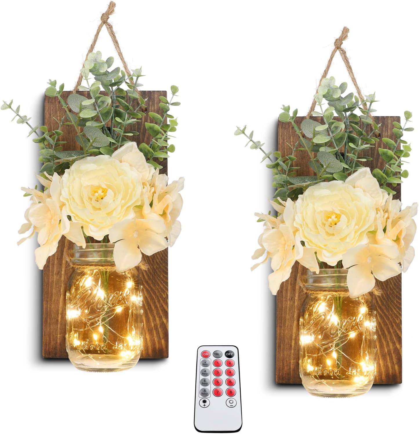 HOMKO Rustic Wall Decor, Mason Jars Wall Sconces, with Remote Control LED Lights and Flowers, Hanging Rural Farmhouse Kitchen Bathroom Bedroom Living Room Home Decor (Set of 2) -Rustic Brown