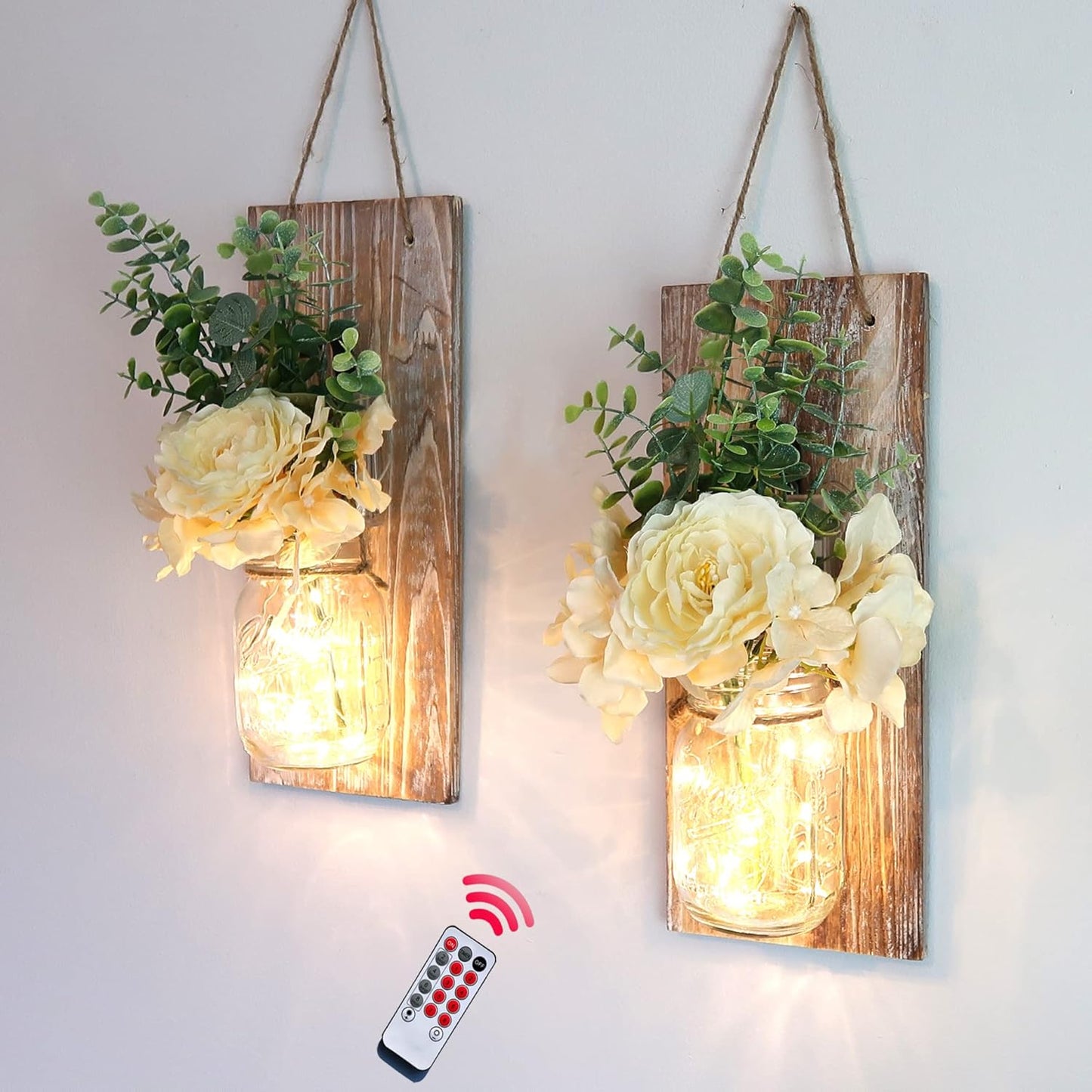 Besuerte Farmhouse Wall Decor for Living Room Rustic Mason Jar Wall Sconces Set of 2 for Home Living Room Bedroom Decorations with Rose Bouquet Flowers and Remote LED Fairy Lights (Large Jacobean)