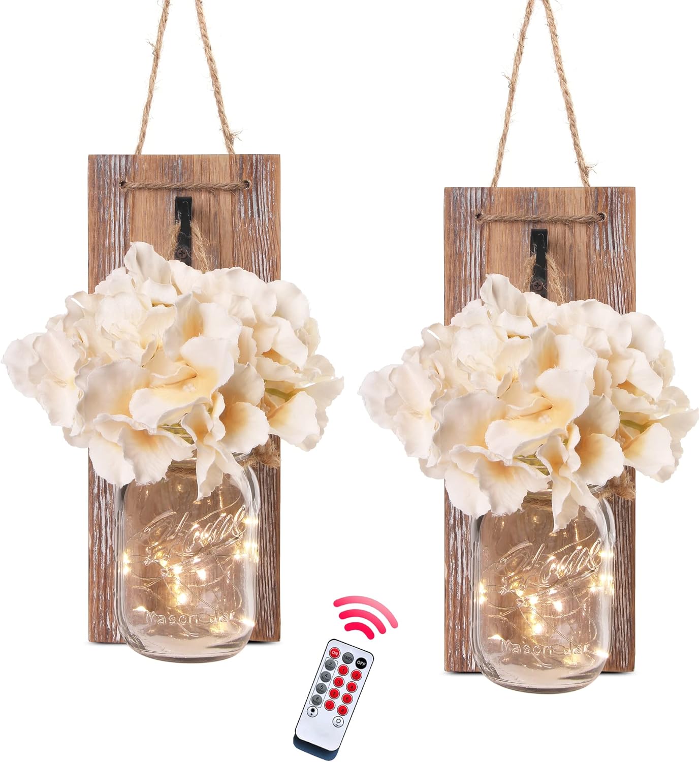Besuerte Farmhouse Wall Decor for Living Room Rustic Mason Jar Wall Sconces Set of 2 for Home Living Room Bedroom Decorations with Rose Bouquet Flowers and Remote LED Fairy Lights (Large Jacobean)