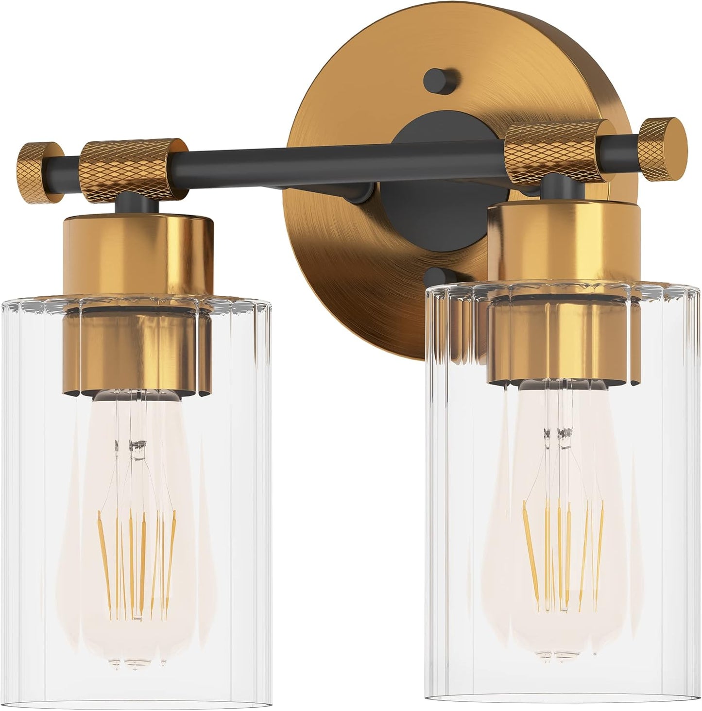 Inlight 23" Wide 4-Light Brass Gold Bathroom Vanity Light, Modern Black Bath Lighting, Clear Ribbed Glass Shade Wall Sconce, Bulb Not Included, IN-0445-4-GD