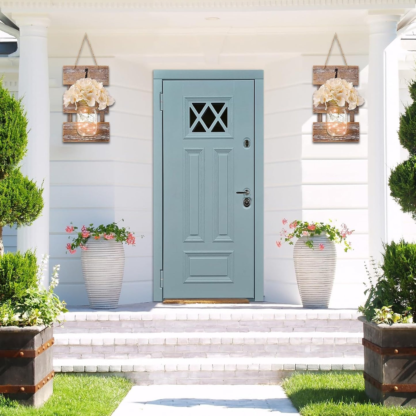 Wall Sconce Decor 2pcs, Mason Jar Wall Sconce Farmhouse Home Decor with 9.8FT LED Fairy Lights 4Flowers, Modern Art Living Room Bedroom Bathroom Decorative Hanging Yellow