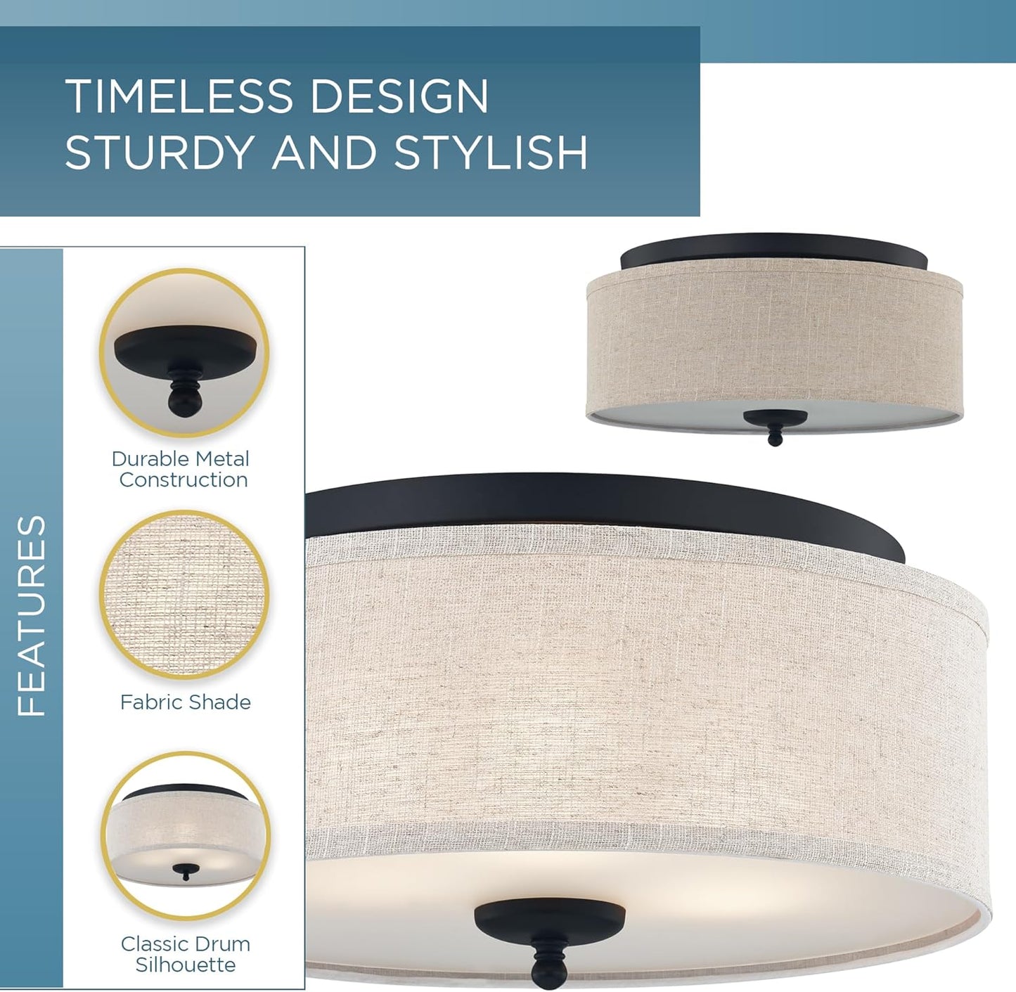 Quoizel Blanche 3-Light Round Flush Mount Ceiling Light, 16" Drum Light, Beige Fabric Shade & Matte Black Canopy, Transitional Close to Ceiling Light Fixtures for Home, Kitchen or Office Lighting