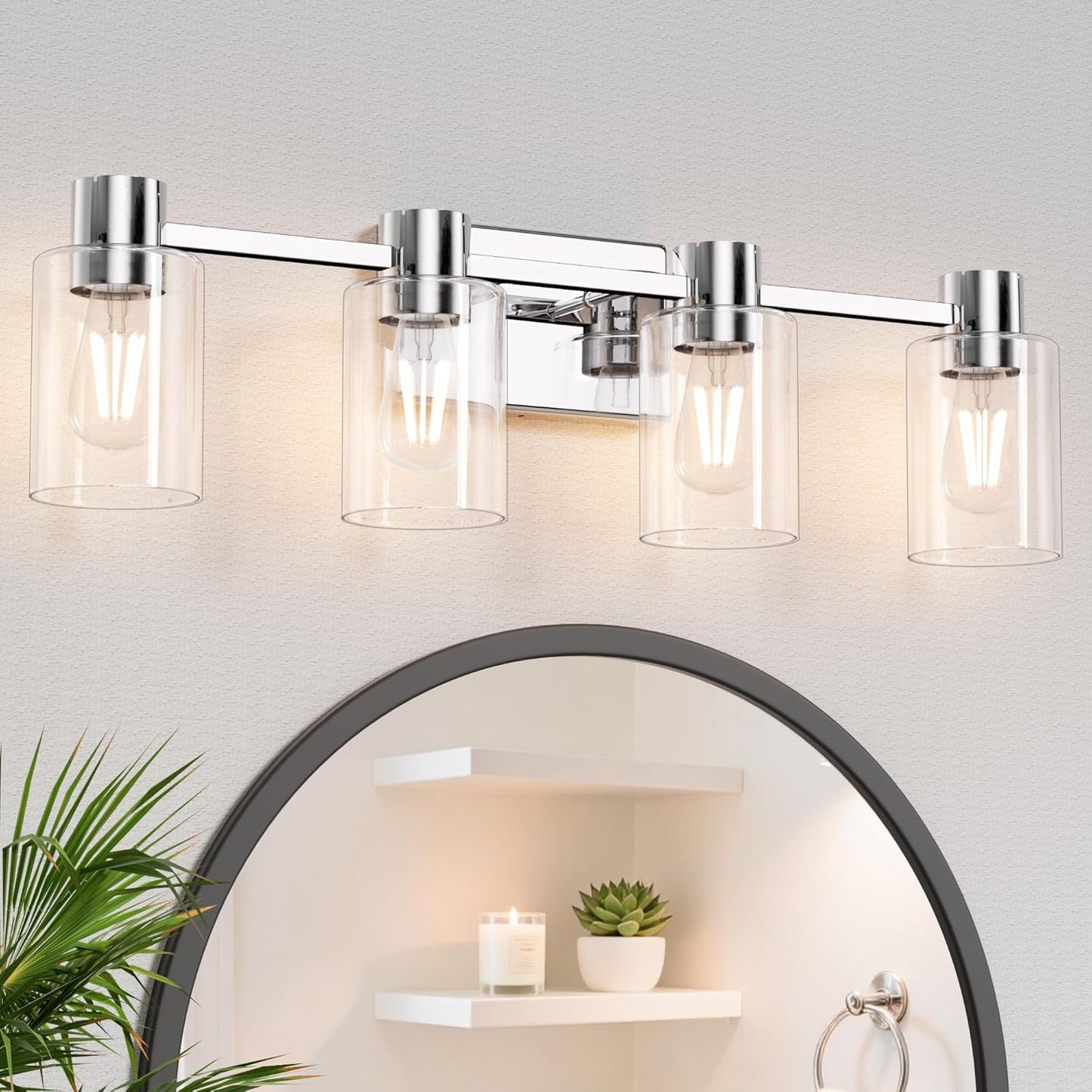 4-Light Modern Vanity Light Fixtures Over Mirror, Matte Black Bathroom Light Fixtures, Vanity Lights, Wall Sconce with Clear Glass Shade for Bathroom, E26 Base