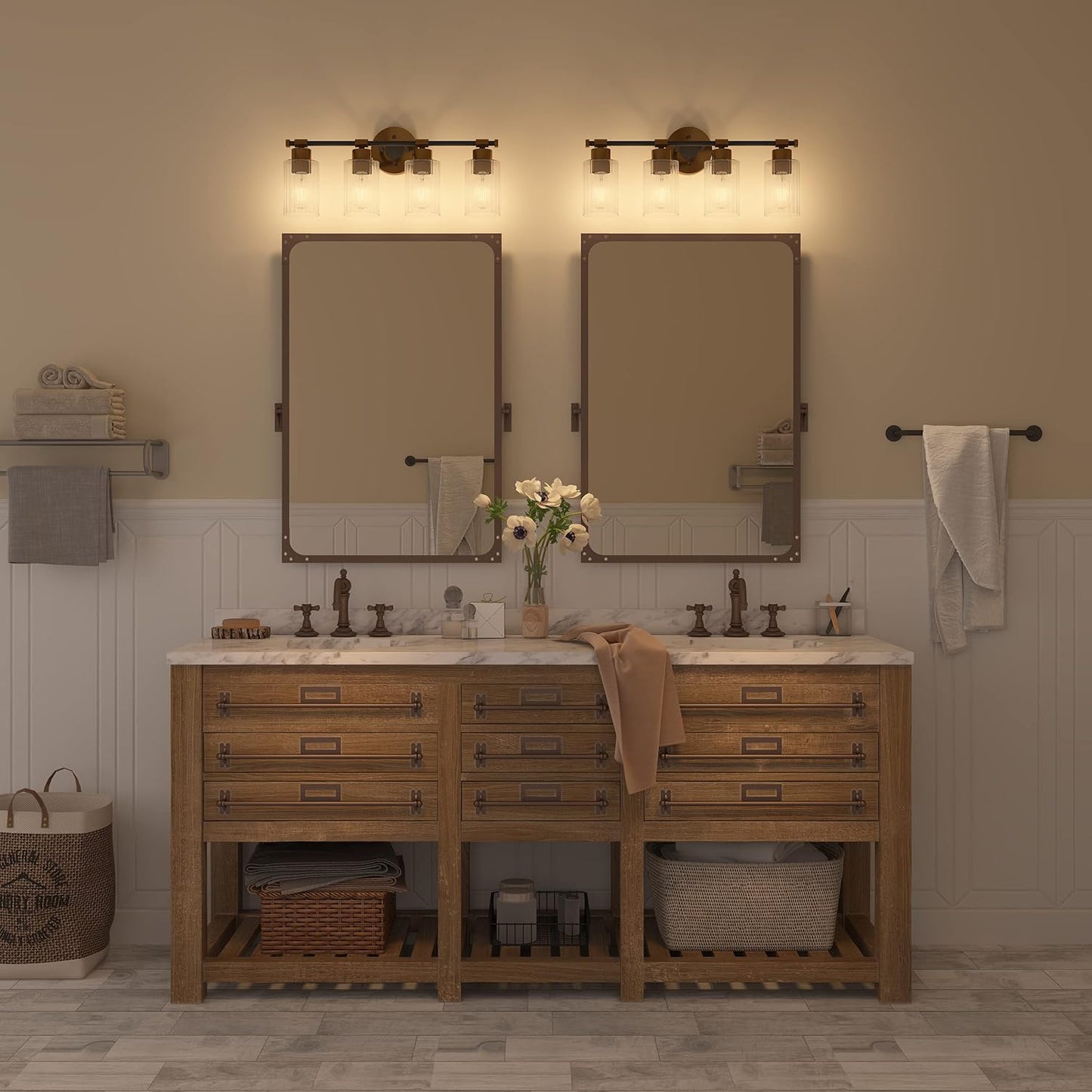 Inlight 23" Wide 4-Light Brass Gold Bathroom Vanity Light, Modern Black Bath Lighting, Clear Ribbed Glass Shade Wall Sconce, Bulb Not Included, IN-0445-4-GD