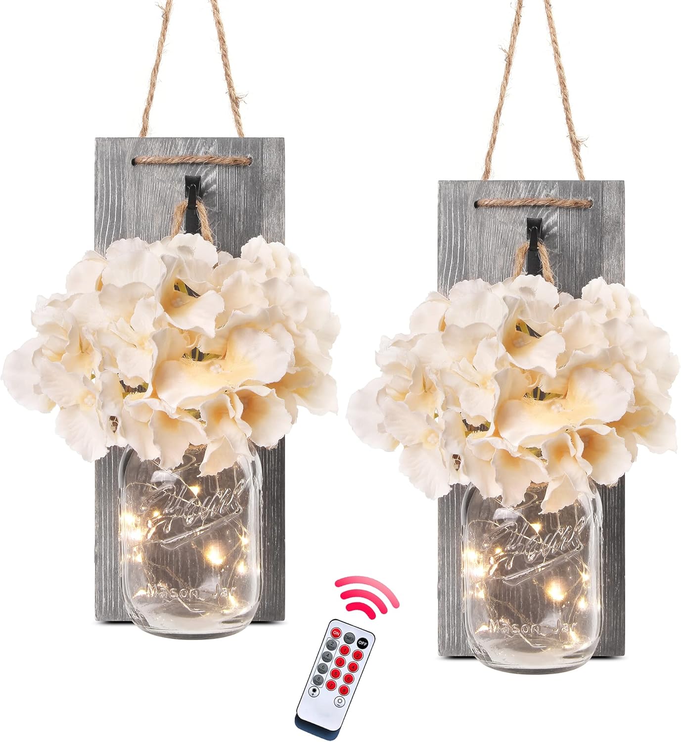 Besuerte Farmhouse Wall Decor for Living Room Rustic Mason Jar Wall Sconces Set of 2 for Home Living Room Bedroom Decorations with Rose Bouquet Flowers and Remote LED Fairy Lights (Large Jacobean)