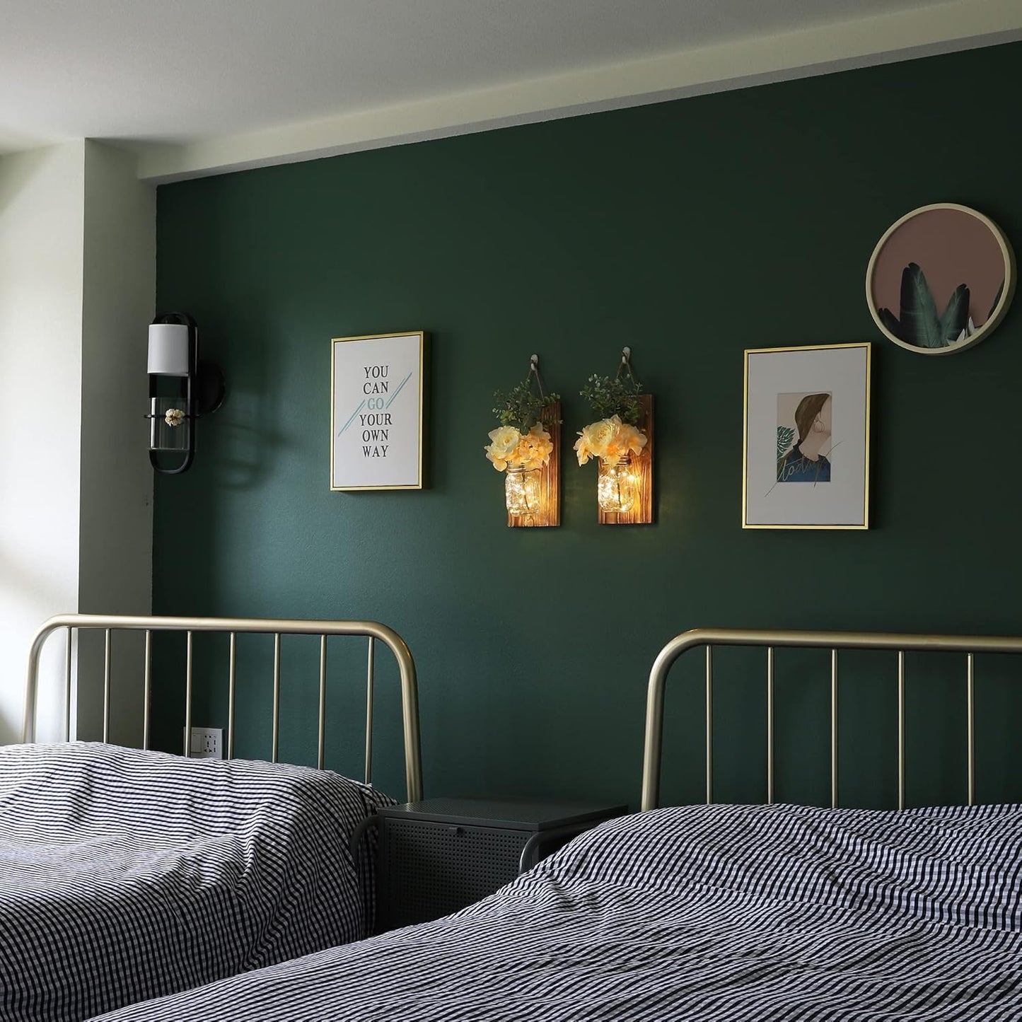 HOMKO Rustic Wall Decor, Mason Jars Wall Sconces, with Remote Control LED Lights and Flowers, Hanging Rural Farmhouse Kitchen Bathroom Bedroom Living Room Home Decor (Set of 2) -Rustic Brown