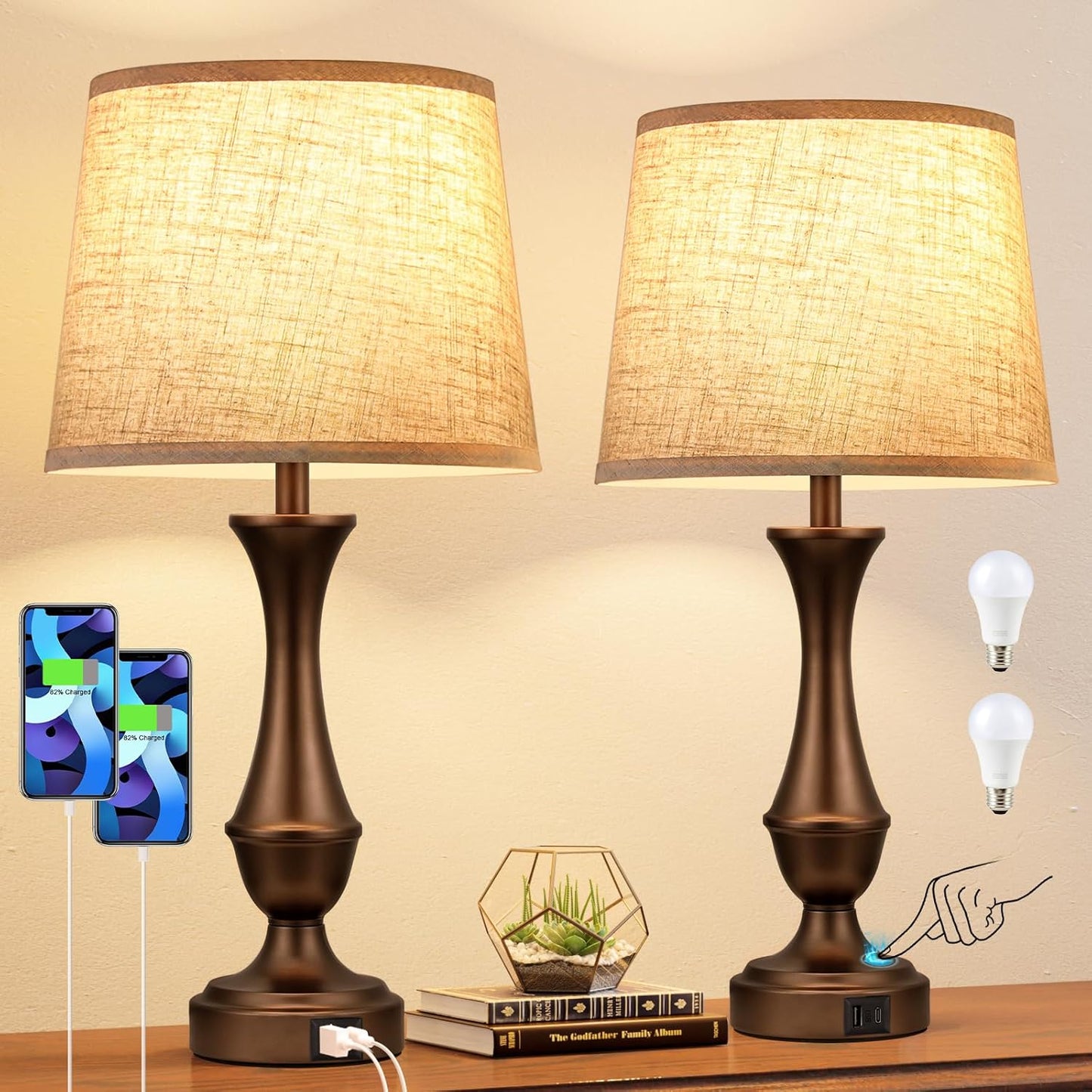 Seealle Upgraded Touch Lamps for Night Stands Set of 2 - Bedside Lamps with USB C+A, 3 Way Dimmable for Bedroom Living Room End Tables Office