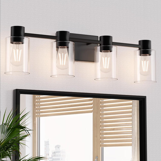 4-Light Modern Vanity Light Fixtures Over Mirror, Matte Black Bathroom Light Fixtures, Vanity Lights, Wall Sconce with Clear Glass Shade for Bathroom, E26 Base