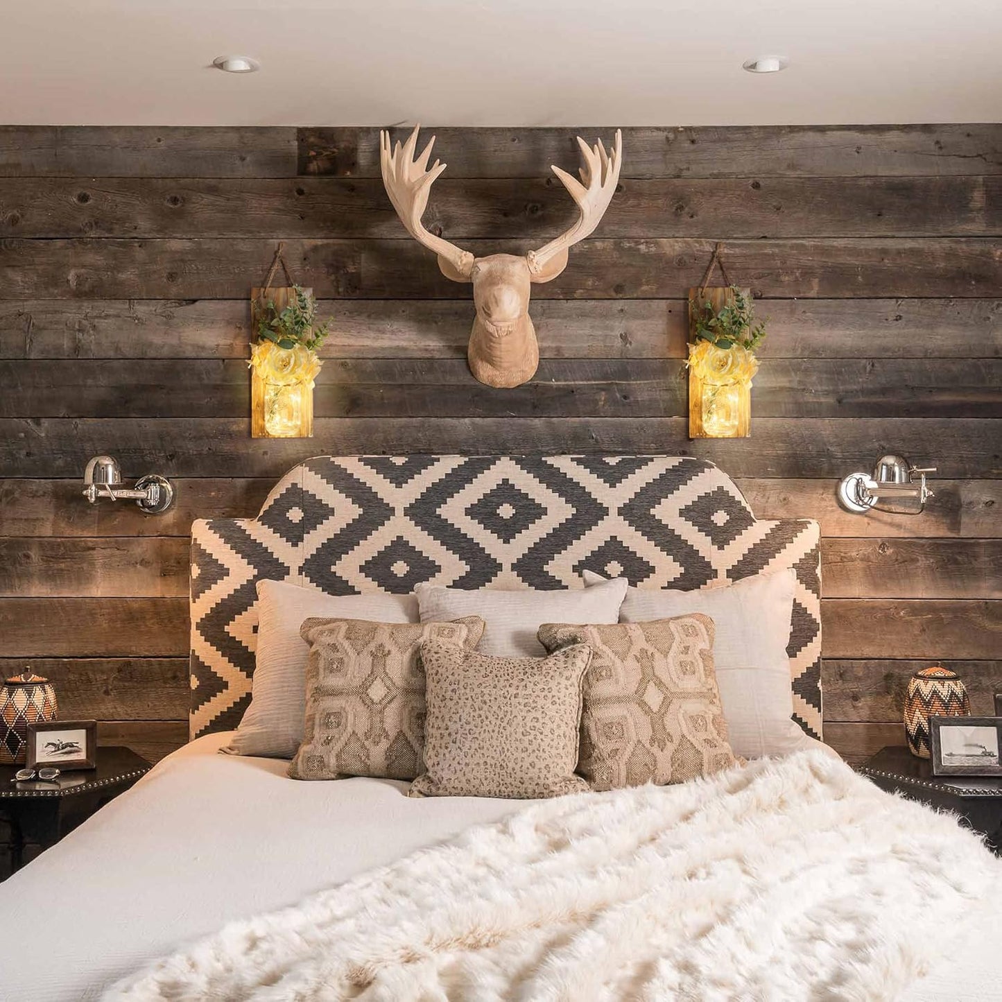 HOMKO Rustic Wall Decor, Mason Jars Wall Sconces, with Remote Control LED Lights and Flowers, Hanging Rural Farmhouse Kitchen Bathroom Bedroom Living Room Home Decor (Set of 2) -Rustic Brown