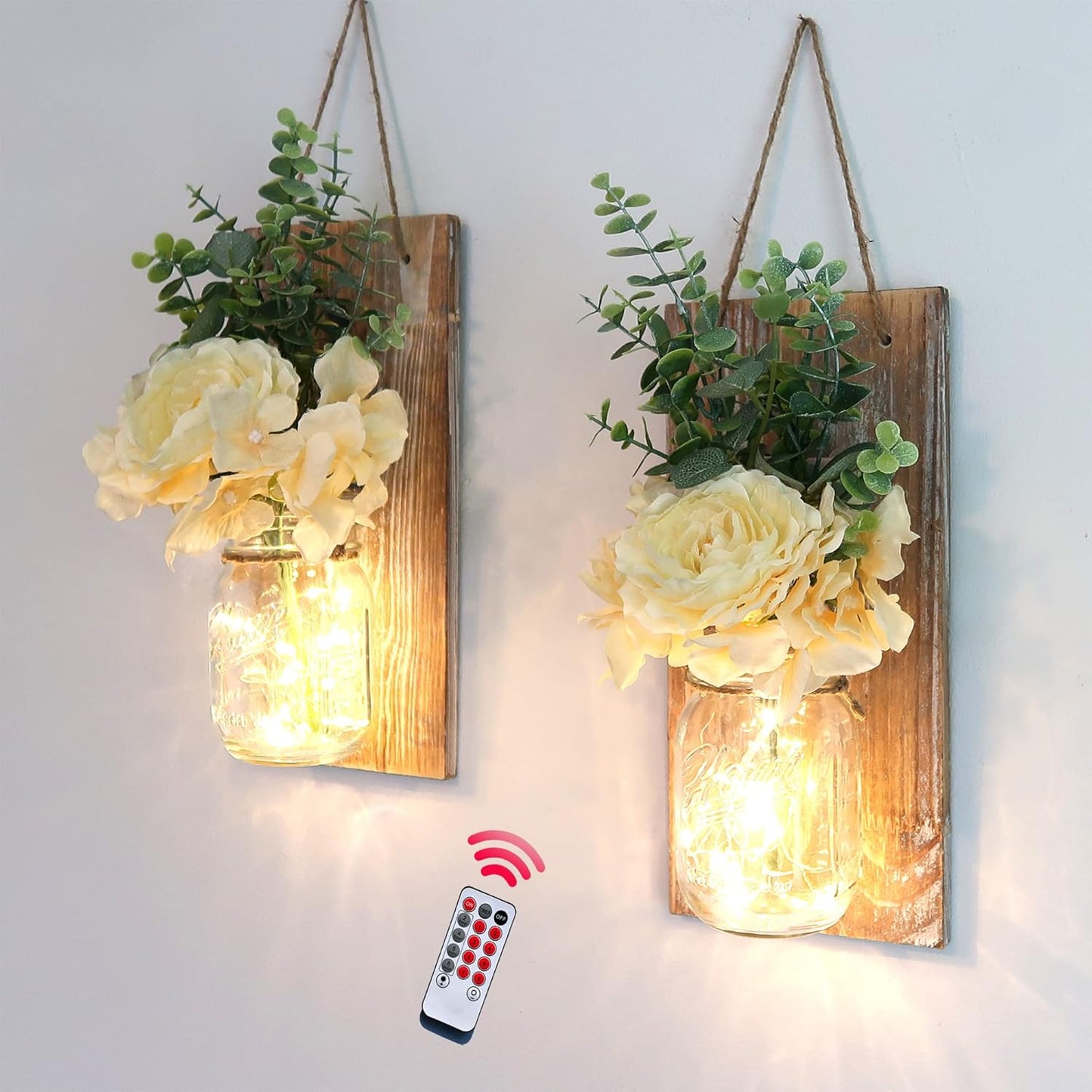 Besuerte Farmhouse Wall Decor for Living Room Rustic Mason Jar Wall Sconces Set of 2 for Home Living Room Bedroom Decorations with Rose Bouquet Flowers and Remote LED Fairy Lights (Large Jacobean)