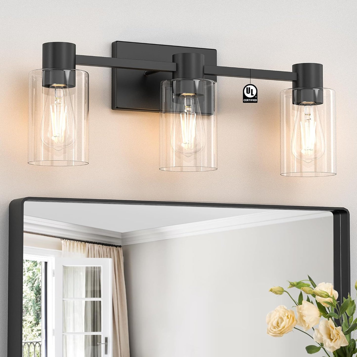 4-Light Modern Vanity Light Fixtures Over Mirror, Matte Black Bathroom Light Fixtures, Vanity Lights, Wall Sconce with Clear Glass Shade for Bathroom, E26 Base