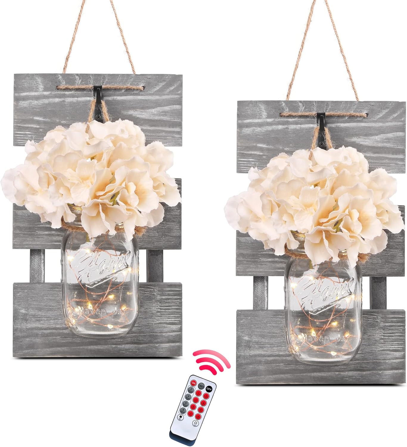 Besuerte Farmhouse Wall Decor for Living Room Rustic Mason Jar Wall Sconces Set of 2 for Home Living Room Bedroom Decorations with Rose Bouquet Flowers and Remote LED Fairy Lights (Large Jacobean)