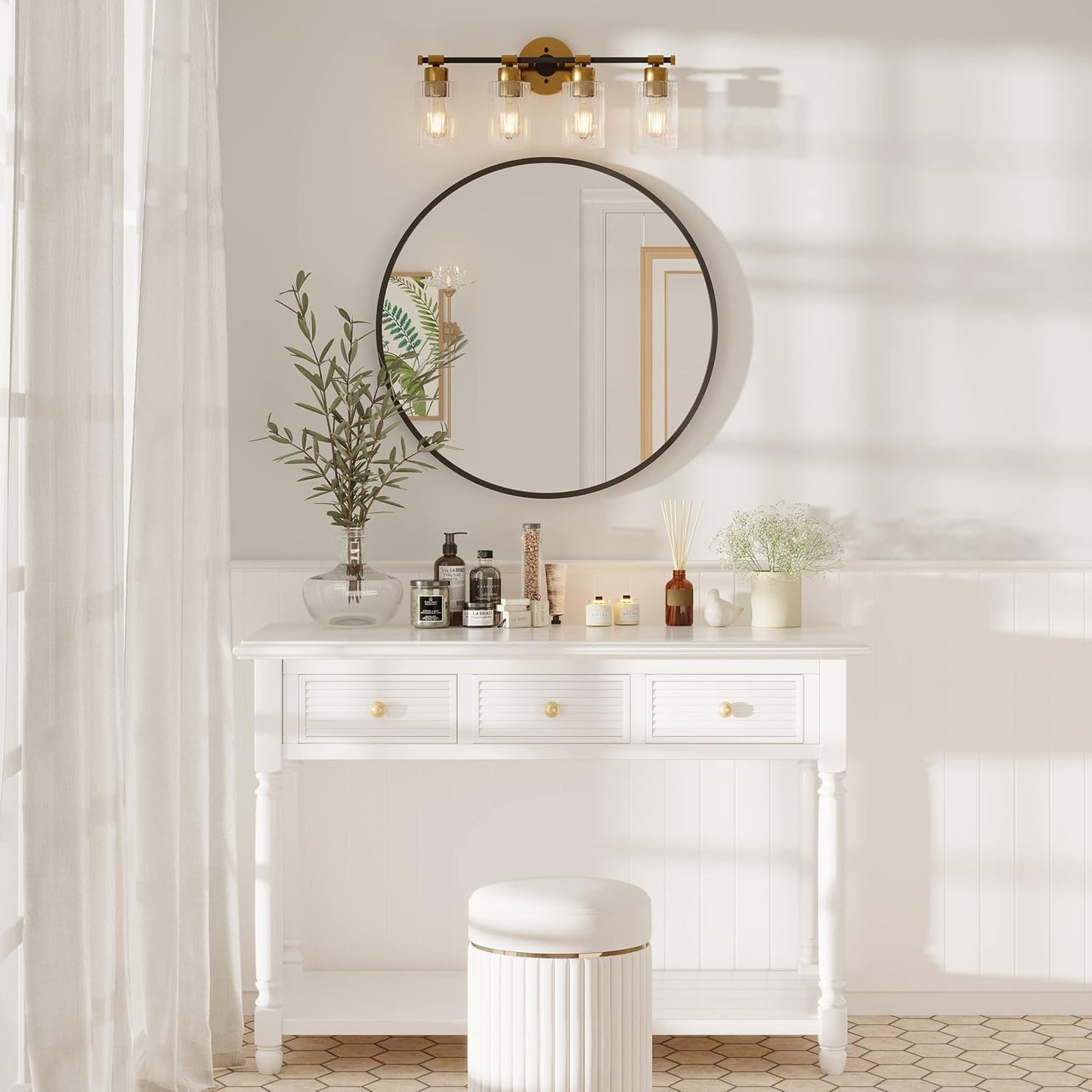 Inlight 23" Wide 4-Light Brass Gold Bathroom Vanity Light, Modern Black Bath Lighting, Clear Ribbed Glass Shade Wall Sconce, Bulb Not Included, IN-0445-4-GD