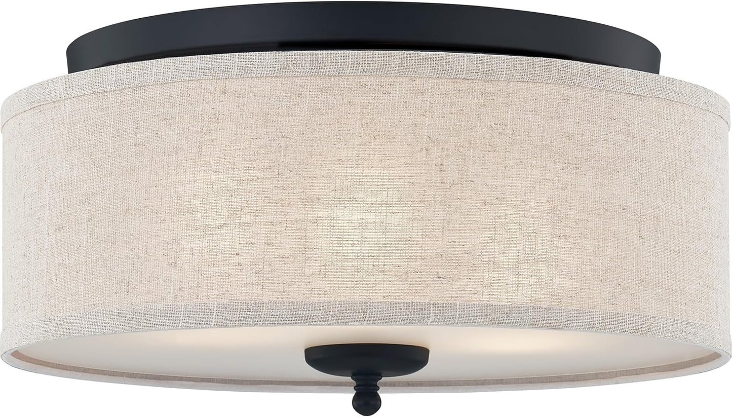 Quoizel Blanche 3-Light Round Flush Mount Ceiling Light, 16" Drum Light, Beige Fabric Shade & Matte Black Canopy, Transitional Close to Ceiling Light Fixtures for Home, Kitchen or Office Lighting
