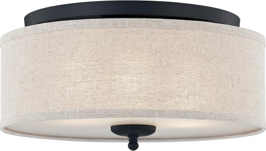 Quoizel Blanche 3-Light Round Flush Mount Ceiling Light, 16" Drum Light, Beige Fabric Shade & Matte Black Canopy, Transitional Close to Ceiling Light Fixtures for Home, Kitchen or Office Lighting