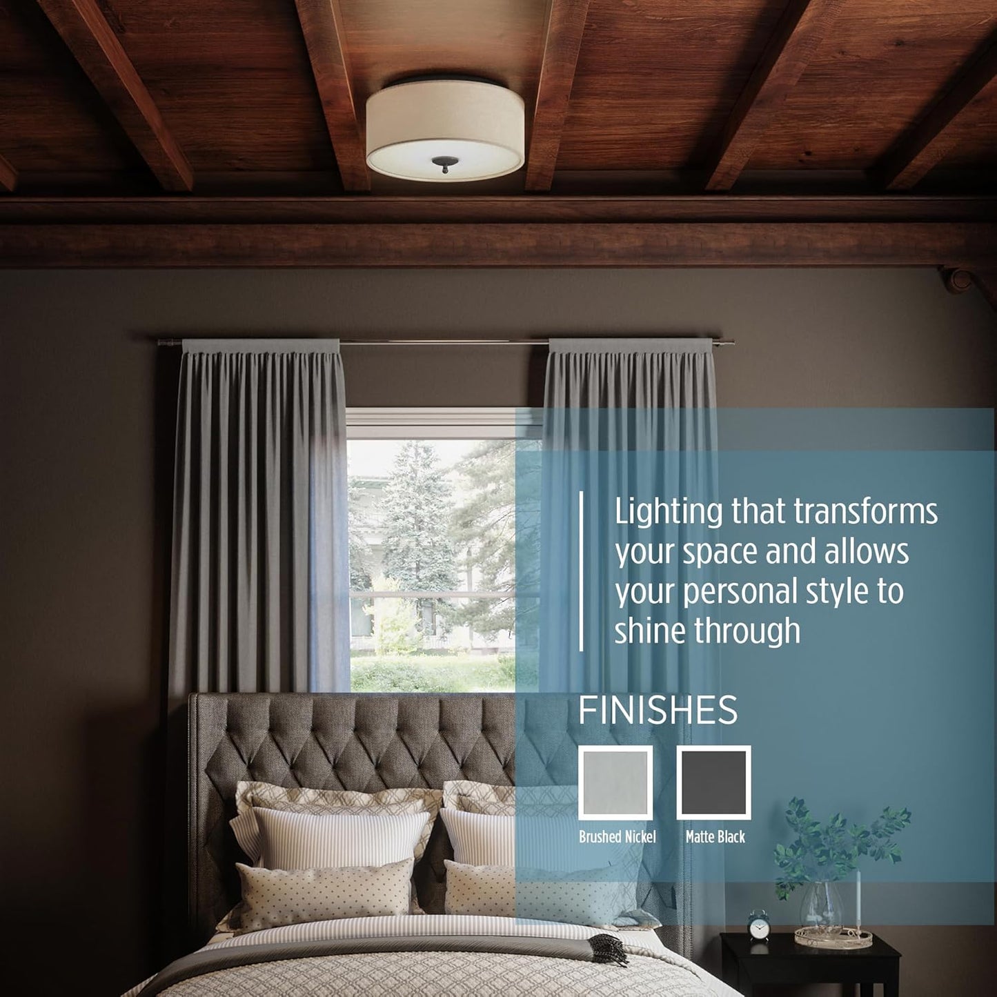 Quoizel Blanche 3-Light Round Flush Mount Ceiling Light, 16" Drum Light, Beige Fabric Shade & Matte Black Canopy, Transitional Close to Ceiling Light Fixtures for Home, Kitchen or Office Lighting