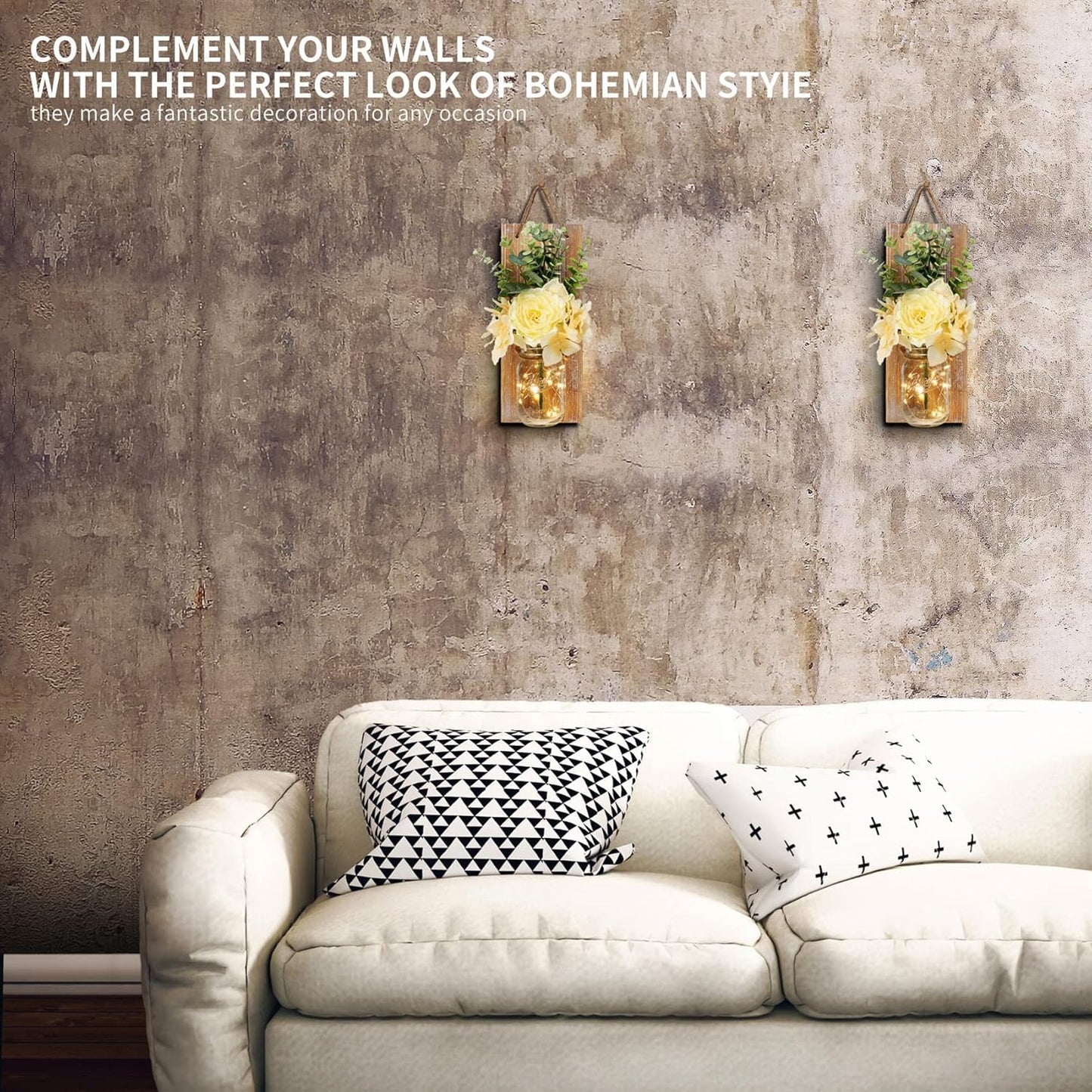 HOMKO Rustic Wall Decor, Mason Jars Wall Sconces, with Remote Control LED Lights and Flowers, Hanging Rural Farmhouse Kitchen Bathroom Bedroom Living Room Home Decor (Set of 2) -Rustic Brown