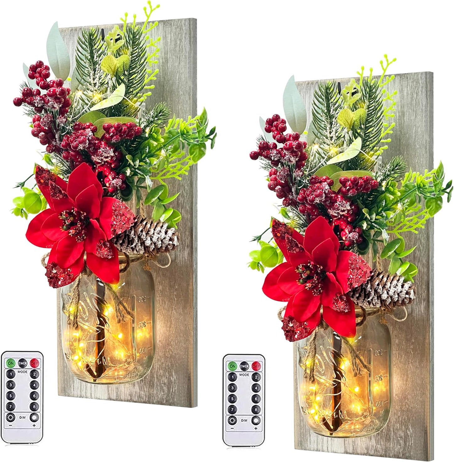 Wall Decor Mason Jar Sconces - Home Decor Wall Art Hanging Design with Remote Control LED Fairy Lights and White Rose, Farmhouse Wall Decorations for Bedroom Living Room Lights Set of Two