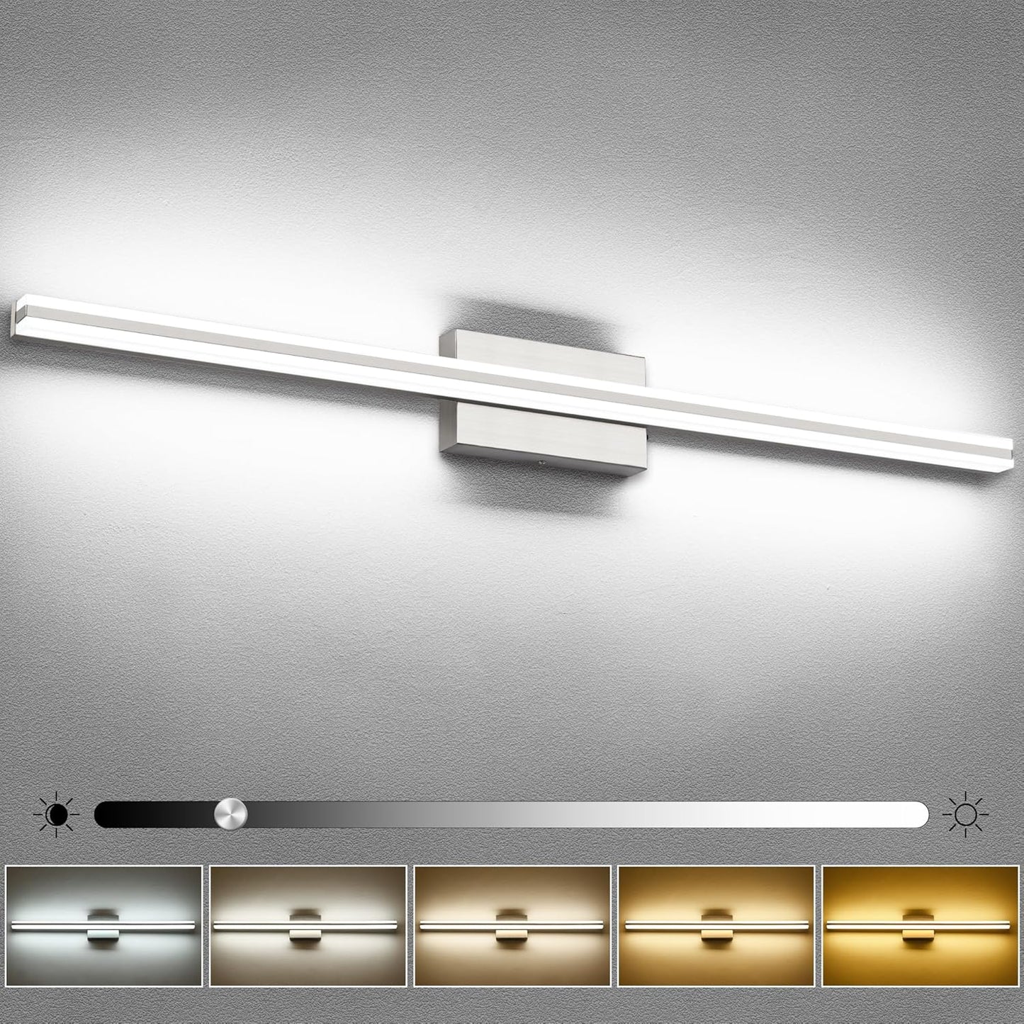 SOLFART Bathroom Light Fixtures Over Mirror 24 Inch Brushed Nickel Modern Vanity Light 5CCT Adjustable Brightness LED Mirror Light Fixture Anti-Glare Lighting Wide Illumination