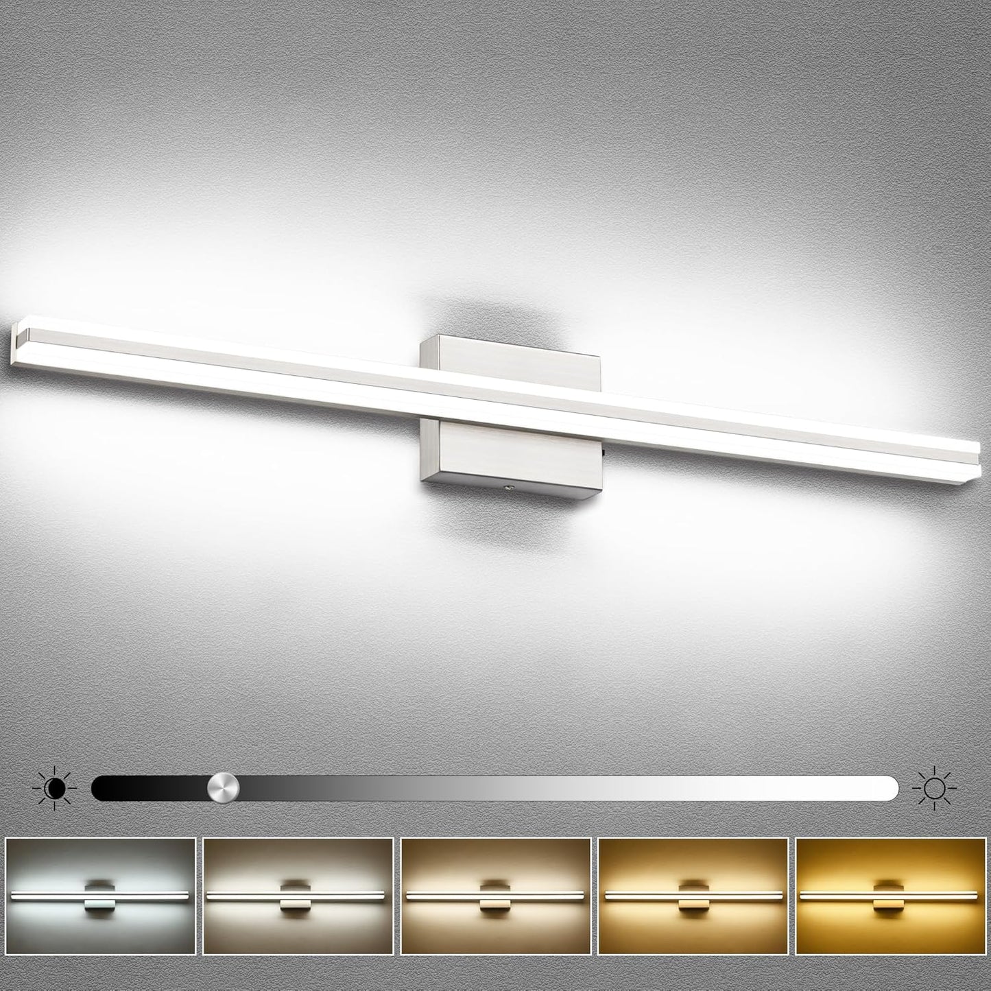 SOLFART Bathroom Light Fixtures Over Mirror 24 Inch Brushed Nickel Modern Vanity Light 5CCT Adjustable Brightness LED Mirror Light Fixture Anti-Glare Lighting Wide Illumination