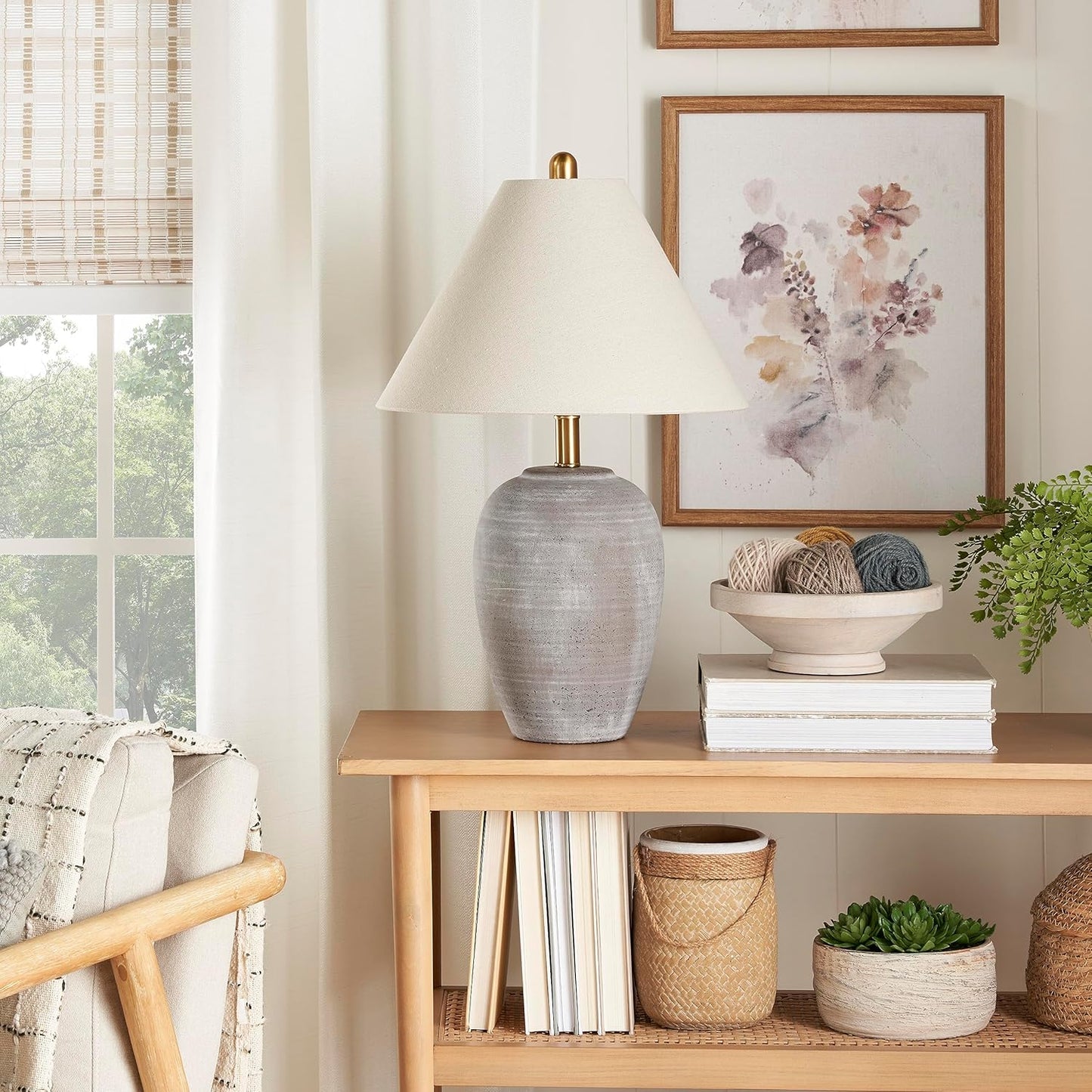 Nourison Home 23" Greyish Brown Earth Tone Rustic Farmhouse Ceramic Table Lamp for Bedroom, Living Room, Dining, Office, with Beige Linen Shade