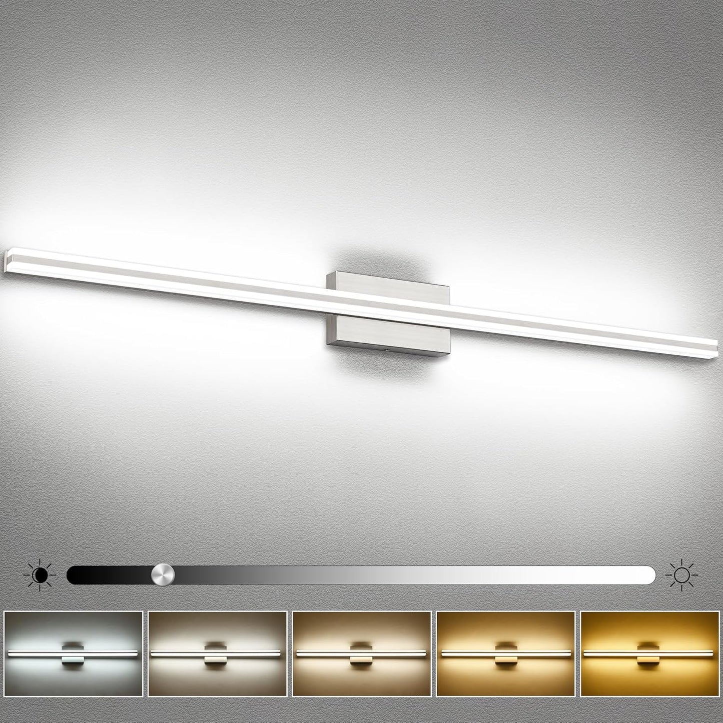 SOLFART Bathroom Light Fixtures Over Mirror 24 Inch Brushed Nickel Modern Vanity Light 5CCT Adjustable Brightness LED Mirror Light Fixture Anti-Glare Lighting Wide Illumination