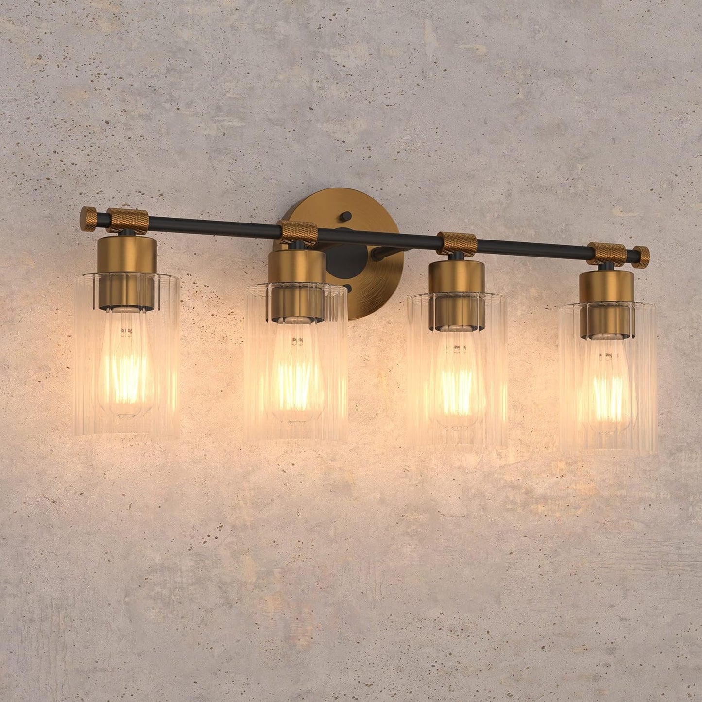 Inlight 23" Wide 4-Light Brass Gold Bathroom Vanity Light, Modern Black Bath Lighting, Clear Ribbed Glass Shade Wall Sconce, Bulb Not Included, IN-0445-4-GD